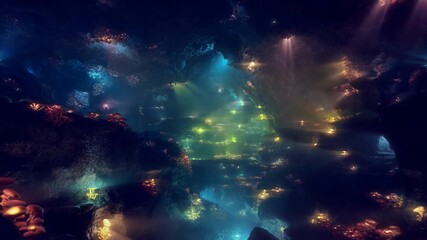 Slow cinematic shot through a vast subterranean cave illuminated by thousands of glowing bioluminescent mushrooms and fungi, pulsing with shifting colors from soft blue to bright yellow - Powered by Adobe