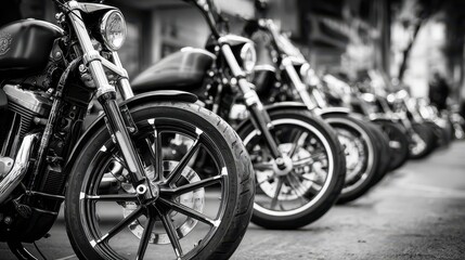 Biker Rally: Row of Motorcycles Lined up in Chromed Wheels on the Street