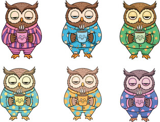 Cute sleepy owl in colorful pajamas holding steaming coffee mug, cozy night illustration, tired owl character, morning coffee routine art