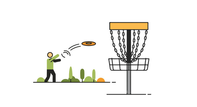 Minimalist Disc Golf Illustration: A Player Throwing Towards the Basket in Outdoor Space