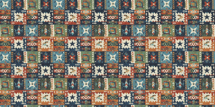 Seamless pattern incorporating elements of traditional American folk and Native art, including quilt motifs, indigenous tribal patterns, stars and stripes, and earthy tones with natural textures