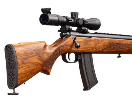 A realistic wooden stock rifle equipped with a mounted scope and extended bipod, side 57352