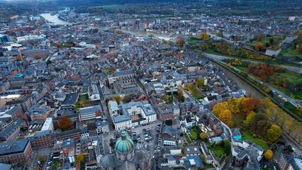 An aerial panorama view around the downtown of the City Namur In Belgium on a cloudy spring afternoon
