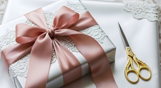 Elegant gift box wrapped in white paper with pink ribbon and scissors - Powered by Adobe