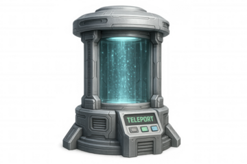 Futuristic teleporting machine emitting bright light, isolated on transparent background, ready for game or app design