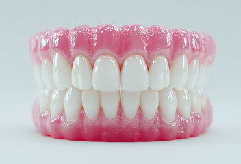 Obraz premium Close-up of dentures with pink gums and white teeth on a neutral background