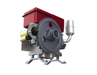 Obraz premium Efficient Single-Cylinder Diesel Engine with Gold Electric Starter. Modern 3D Render: Detailed Engineering Design for Power Generation, Agriculture and Construction Equipment. Isolated on Transparent