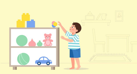 A Young Boy Playing with Toys at Home Reaching for a Colorful Ball with Joy