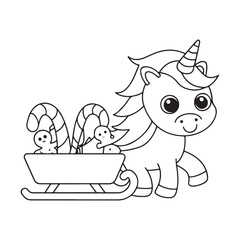 Unicorn Pulling a Sleigh Filled with Gingerbread Men and Candy Canes Keywords: unicorn, sleigh, candy canes, gingerbread men, Christmas, holiday, winter, festive, celebration, magic, fantasy