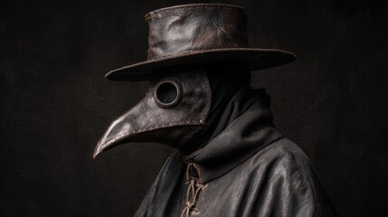 Black Plague Mask. Blighted Doctor in Deadly Costume with Crow-Like Mask