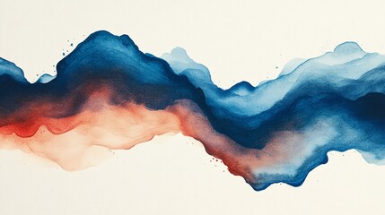 Abstract watercolor; blue and red hues blend in flowing, wavy shapes on white paper