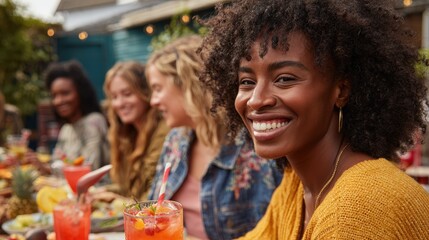 Black Woman Brunch. Friends Laughing and Having Happy Hours at Backyard Home Party