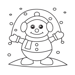 Cheerful cartoon snowman wearing headphones and a scarf, surrounded by snowflakes winter illustration