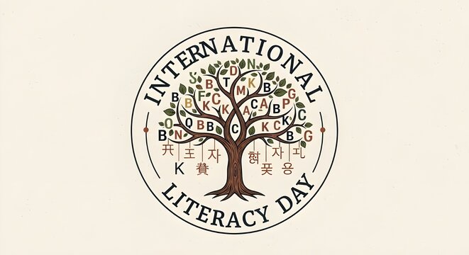 International Literacy Day celebration tree with letters and symbols
