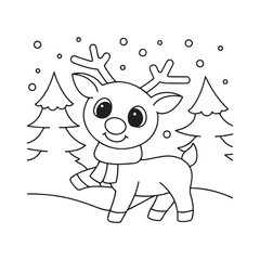 Cute cartoon reindeer with a scarf in a snowy forest with Christmas trees and falling snow in a black and white outline drawing