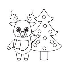 Cute cartoon reindeer with antlers wearing a scarf pointing at a decorated Christmas tree in a simple outline drawing