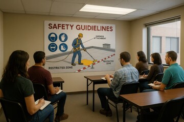 Safety training session in classroom focuses on rooftop work procedures, featuring gear guidelines and restricted zone awareness for protection.