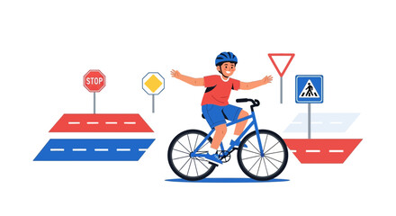 A young boy riding a bicycle safely around road signs and crosswalks