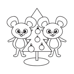 Two cute cartoon mice standing next to a decorated Christmas tree on a white background rodents animals