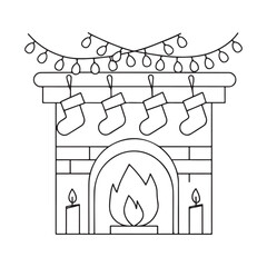 Christmas fireplace with stockings, candles, and string lights line art illustration vector