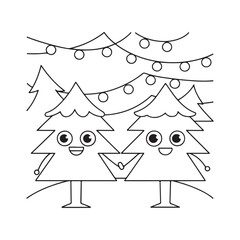 Two Cute Kawaii Christmas Trees Holding Hands with Lights cartoon character