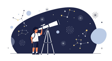 Obraz premium A Young Boy Stargazing Through Telescope at the Beautiful Night Sky