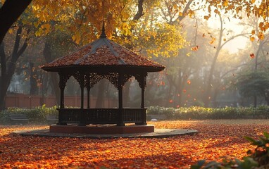 Ornate gazebo in park. Fallen leaves everywhere. Warm light filtering through autumn trees, foggy background