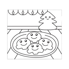 Kawaii Christmas cookies and tree on a plate for coloring cute