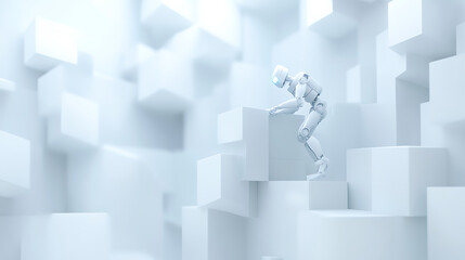 Obraz premium Robot Ascending Geometric Staircase in a Futuristic Environment