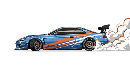 Stylized blue and orange drift car illustration with dynamic smoke trail and exaggerated features showcases speed and vibrant design aesthetics