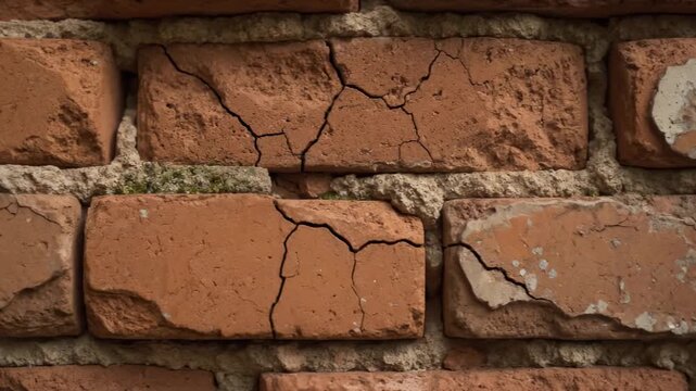 Cracked Brick Wall Texture - Close-up view of an aged brick wall showing significant cracking and weathering. The bricks are reddish-brown, and some mortar is visible between the bricks.