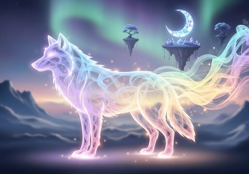 Ethereal wolf under aurora borealis and moon