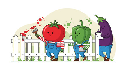 Fototapeta premium Vegetable Crew Collaborate And Paint The Fence Together, Expressing Teamwork And Art