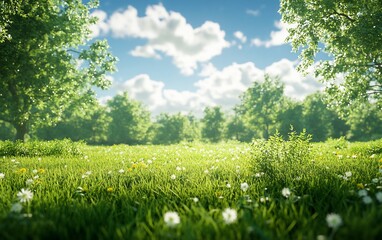 Sunny meadow with green grass, white wildflowers, and lush trees beneath a partly cloudy sky