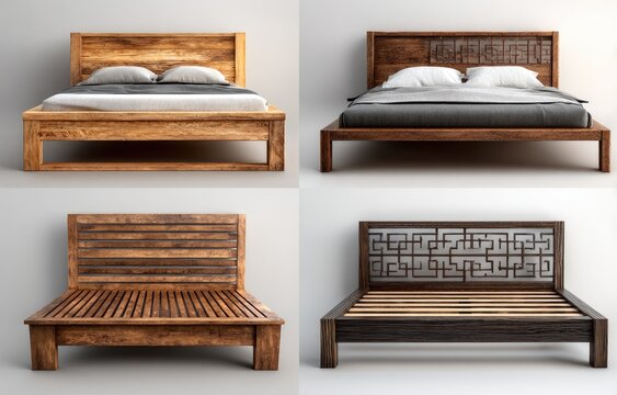Four wooden platform beds, various headboard styles, light and dark wood tones
