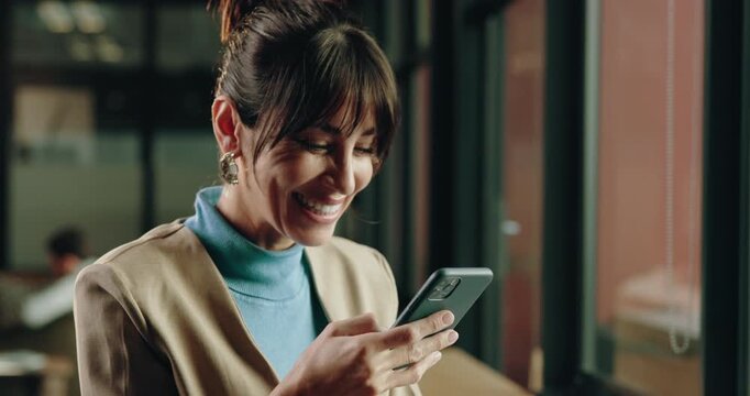 Phone, laugh and woman with typing for message, article proofreading or idea in cafe. Copywriter, draft and smile for project report with remote work for media agency, web magazine or joke planning