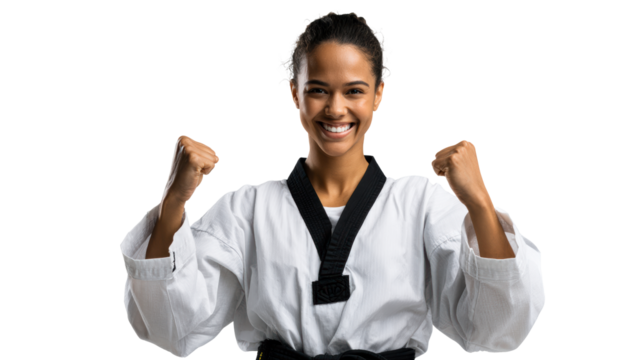 Joyful Black Woman Martial Artist in Uniform Celebrates Victory with Fists Raised, cut out transparent - Powered by Adobe