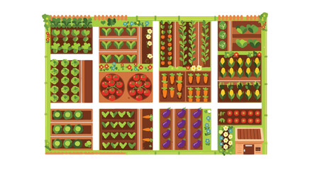Stylized aerial view of a vibrant kitchen garden showcasing diverse crop cultivation and small hothouse in orthogonal arrangement