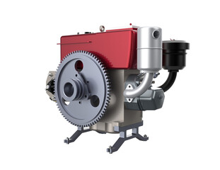 High-Resolution 3D Render of a Red and Silver Single-Cylinder Diesel Engine on Transparent Background - Ideal for Industrial, Mechanical, and Power Generation Projects with Detailed Engineering Design