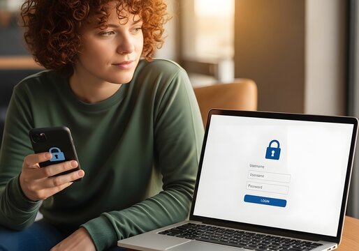 Young woman with curly red hair using her smartphone and laptop for secure online access and digital security