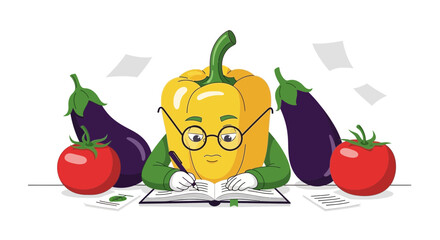 Vegetable Scholar: A Funny Illustration Of A Pepper Character Writing, Eating, And Studying