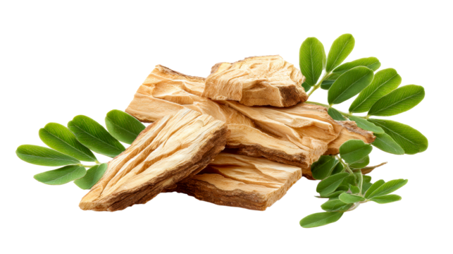 Dried tree bark pieces with fresh green leaves on transparent background, cut out transparent