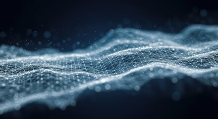 Abstract illustration of a dynamic, wave-like network structure composed of interconnected points and lines, showcasing a sense of movement and complexity against a dark background.