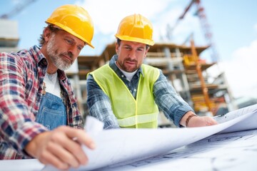 Building Floorplan. Teamwork and Planning with Construction Workers Examining Blueprint at Building Site