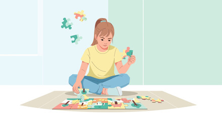 Fototapeta premium A young girl solving a puzzle, sitting on the floor, playing and doing activities