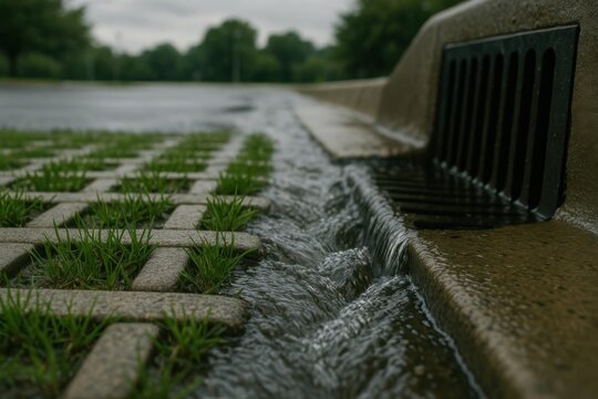 Close-up view of rainwater flowing through permeable grass pavement into drainage system, demonstrating eco-friendly stormwater management solution.