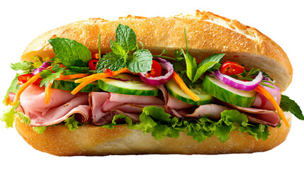 Generous Sandwich Filled With Ham Lettuce Cucumber Carrot Onion And Herbs on Transparent, cut out transparent