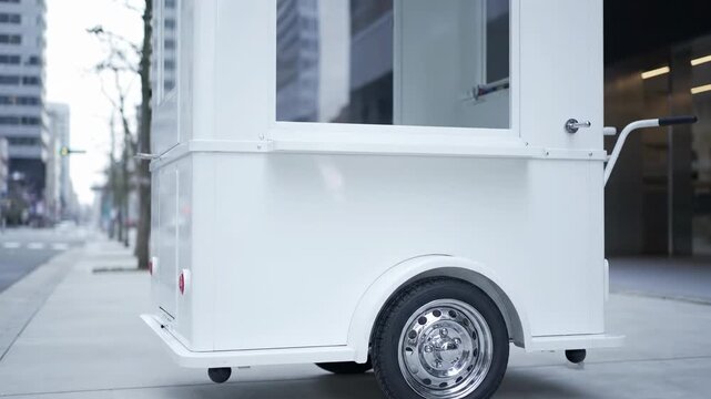 White Mobile Vending Cart on City Street - A clean white mobile vending cart sits on a city sidewalk. The cart is blank, offering ample space for branding or design mockups.