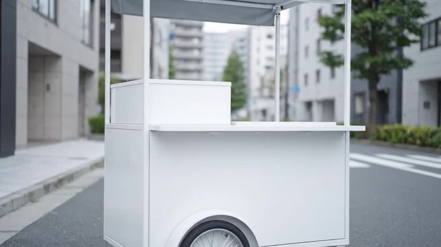 Blank White Street Food Cart Mockup - A clean, white street vending cart sits on a city street, ready for your branding or design.