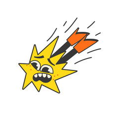 Shooting star character. Comic shining star in shoes. Hand drawn cartoon golden star. Vector illustration